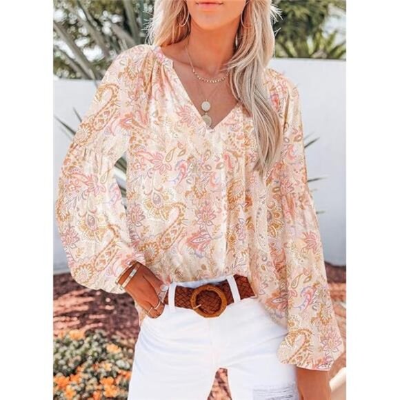 Women's Boho Floral V-Neck Blouse‎ - Casual Long Sleeve Loose Fit Shirt Top - Picture 2 of 4